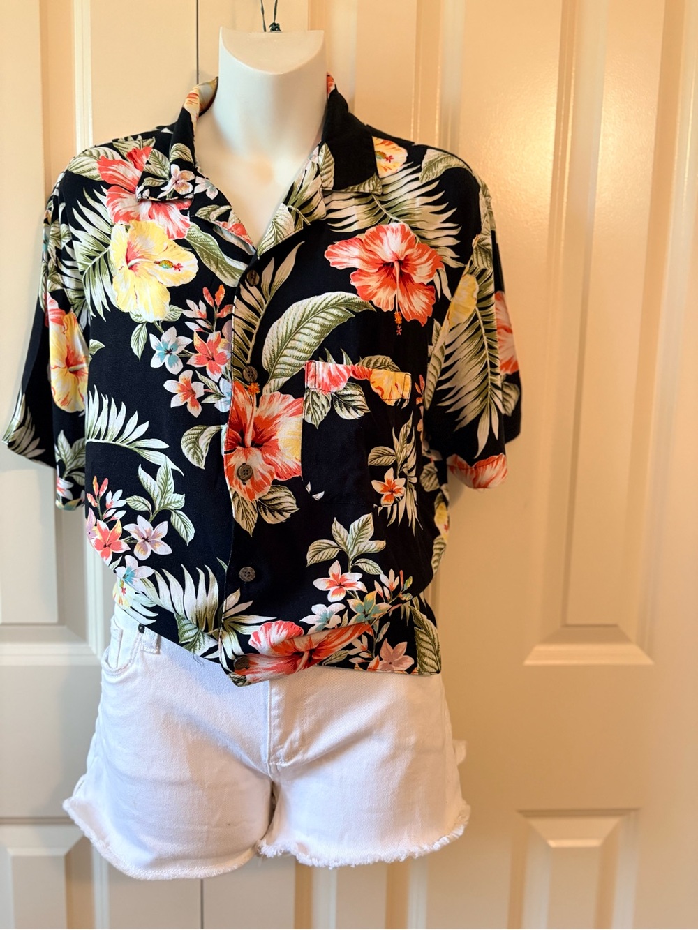 George Black Floral Top with Yellow and Coral Blooms, size Small